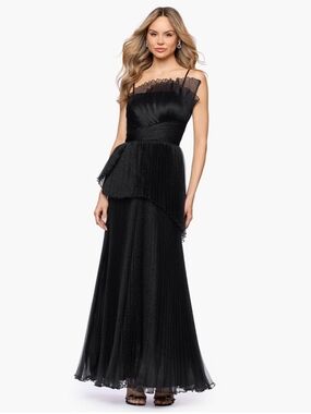 Betsy & Adam Black One-Shoulder Pleated Evening Gown